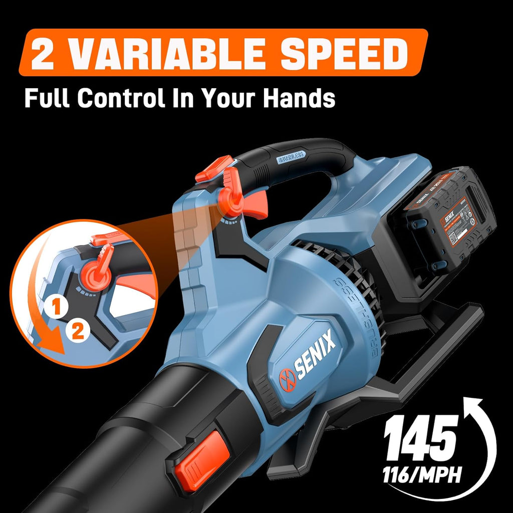 SENIX Leaf Blower Cordless, 40V Max Electric Leaf Blowers, Brushless, Handheld, Up to 700 CFM and 145 MPH, 2 Speed Mode, Cruise Control, Includes 2 x 4.0Ah Battery and Charger (BLAX2-M2)