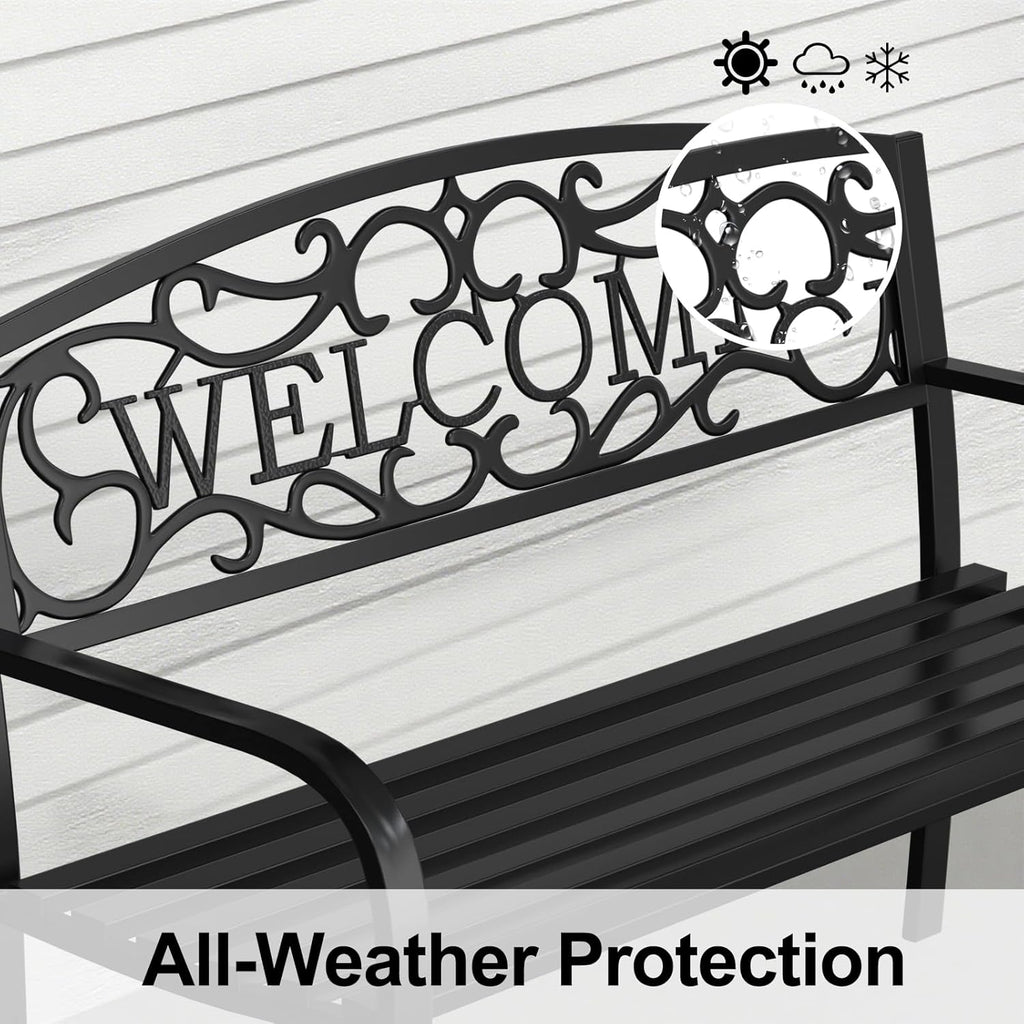 50" Heavy Duty Outdoor Bench, Wrought Iron Weatherproof Garden Bench Black Metal Patio Bench for Park Proch Yard 880lbs