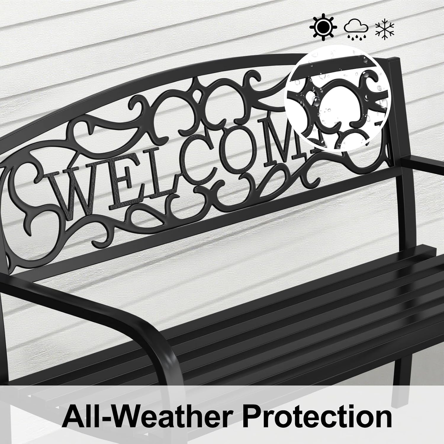 50" Heavy Duty Outdoor Bench, Wrought Iron Weatherproof Garden Bench Black Metal Patio Bench for Park Proch Yard 880lbs