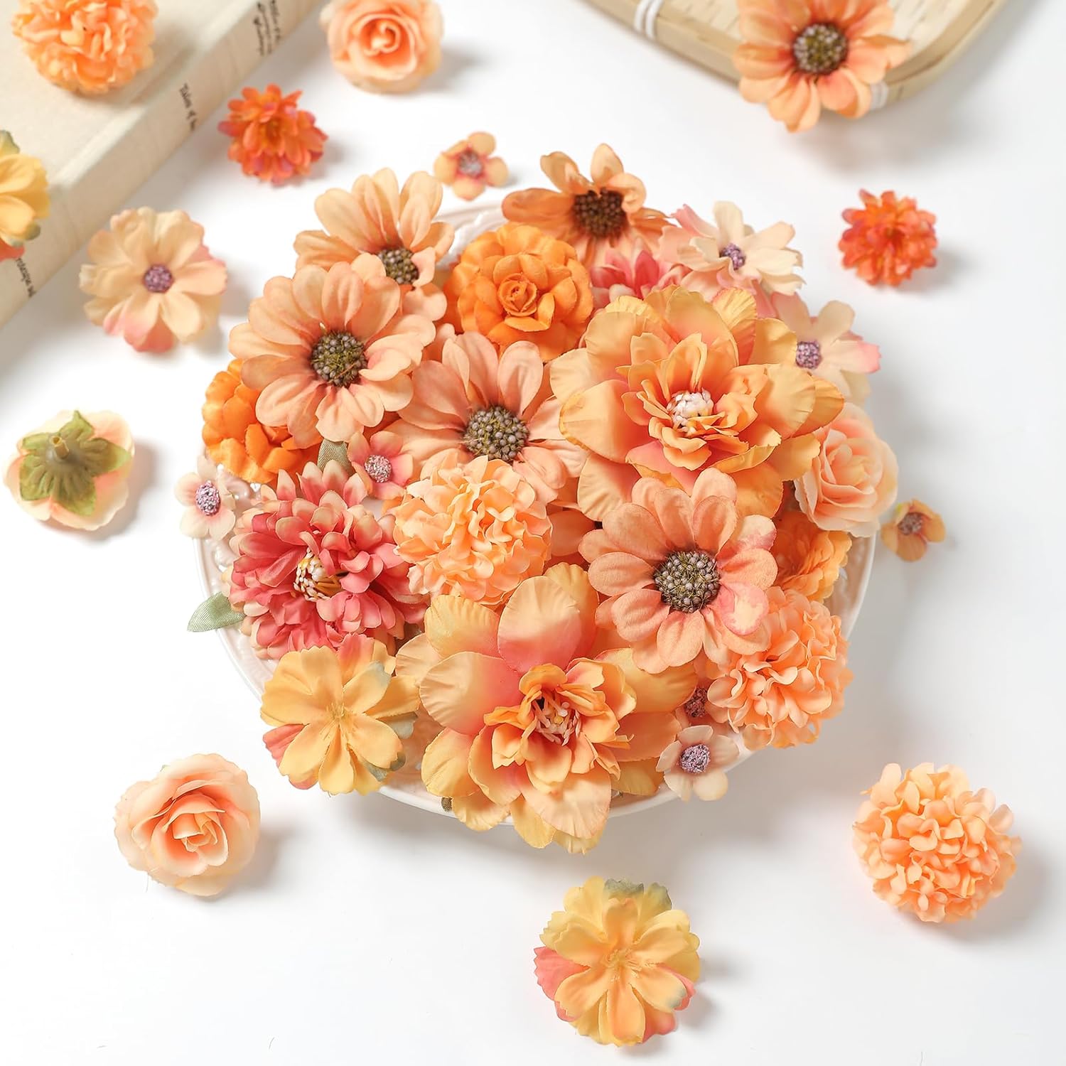 Small Artificial Flower Heads 2-4 cm, Fall Silk Faux Orange Peony Daisy Rose, for DIY Crafts, Wedding Garland, Graduation Cap, Cake Topper & Home Decoration