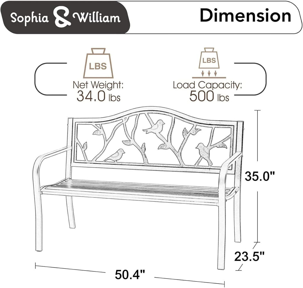 Sophia & William Outdoor Bench, Porch Bench, Garden Bench, Wrought Iron Bench with Backrest and Armrests, Bronze