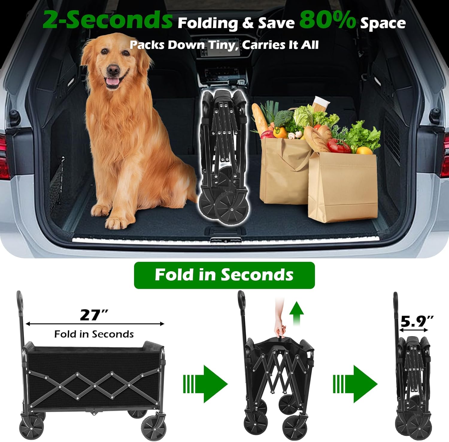 Collapsible Wagons Carts Foldable Wagon, Foldable Wagon Cart with Wheels, Folding Wagons for Beach Camp Sports Garden, 2 Cup Holders/Lightweight Portable/Black/360 LBS