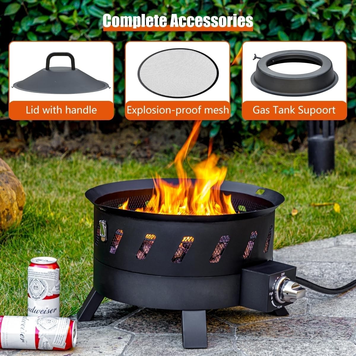 17.3 inch Portable Propane Fire Pits, Gas Fire Pit Bowl for Outside with Lid & Handle, Smokeless Gas Firebowl,Propane Firepit for Camping, Patio, Yard, Garden