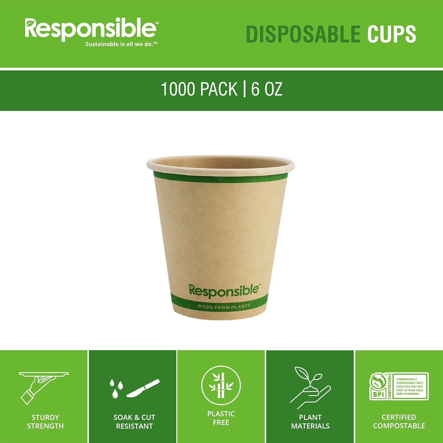 6 oz Paper Hot Cups, Tree-Less™ Compostable Paper Coffee Cups, Extra Strength, Tree-Free and Made Without PFAS, Natural Brown (1000 Count)