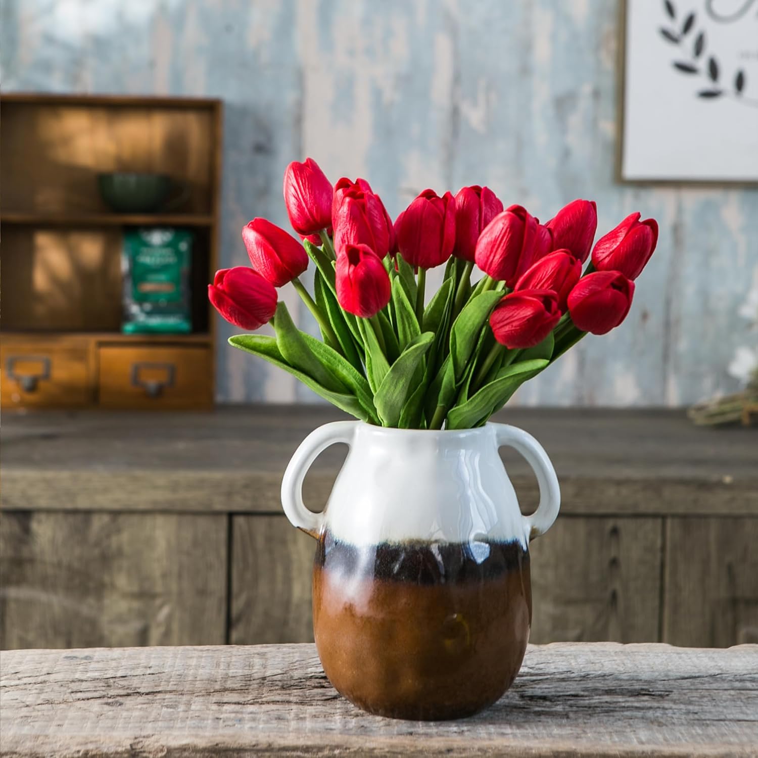 Multi Gradient Ceramic Vase with 2 Handles, Modern Farmhouse Decor, Rustic Terracotta Pottery, Decorative Flower Vases, Clay Small Vase, Centerpiece for Dining Table - 7 Inch Tall