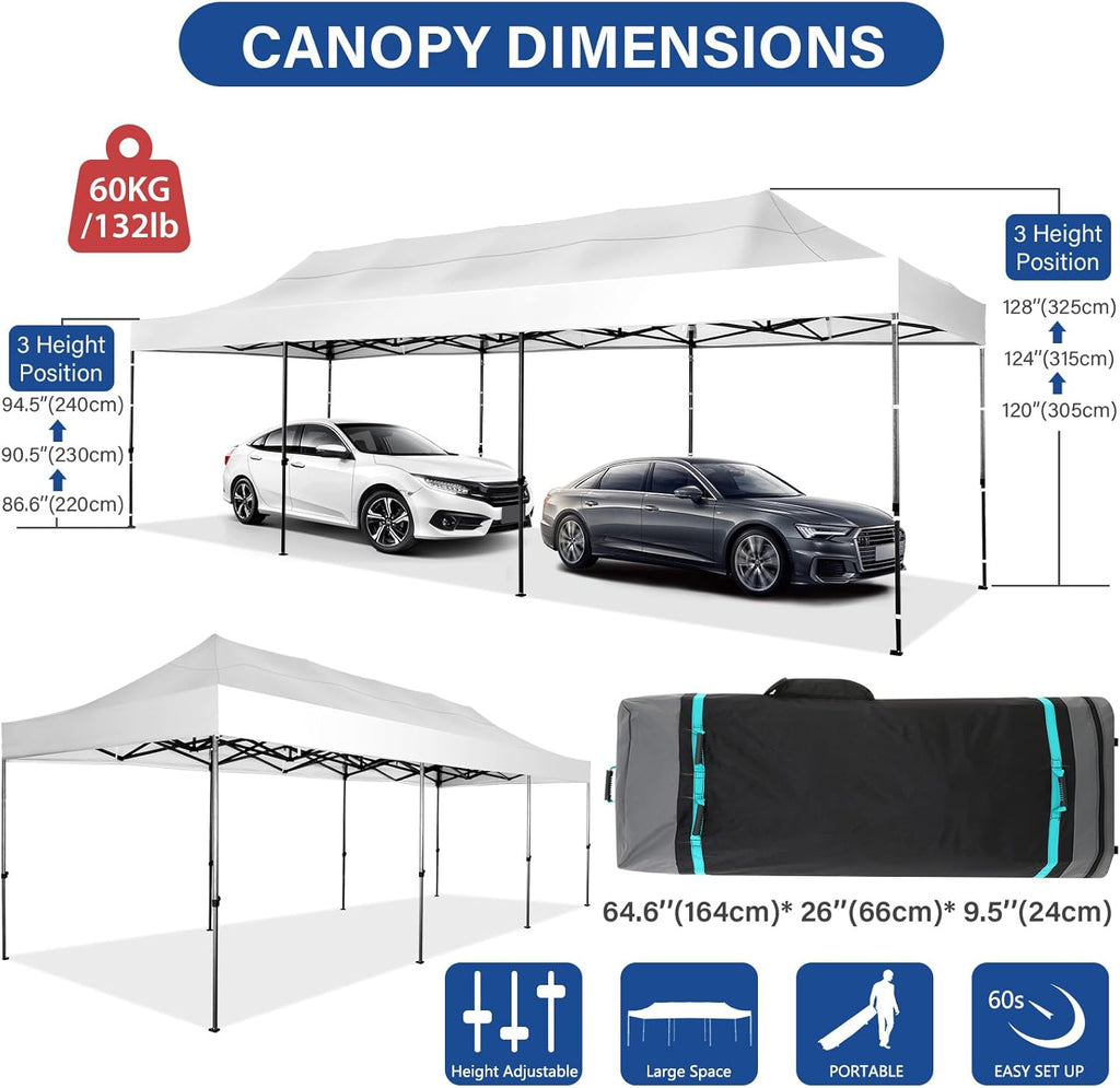 COBIZI 10x30 Pop up Canopy Heavy Duty Without Sidewalls, Easy Set-up Commercial Outdoor Party, 100% Waterproof Wedding Canopy Gazebo, 3 Height Adjustable with Wheeled Bag, White