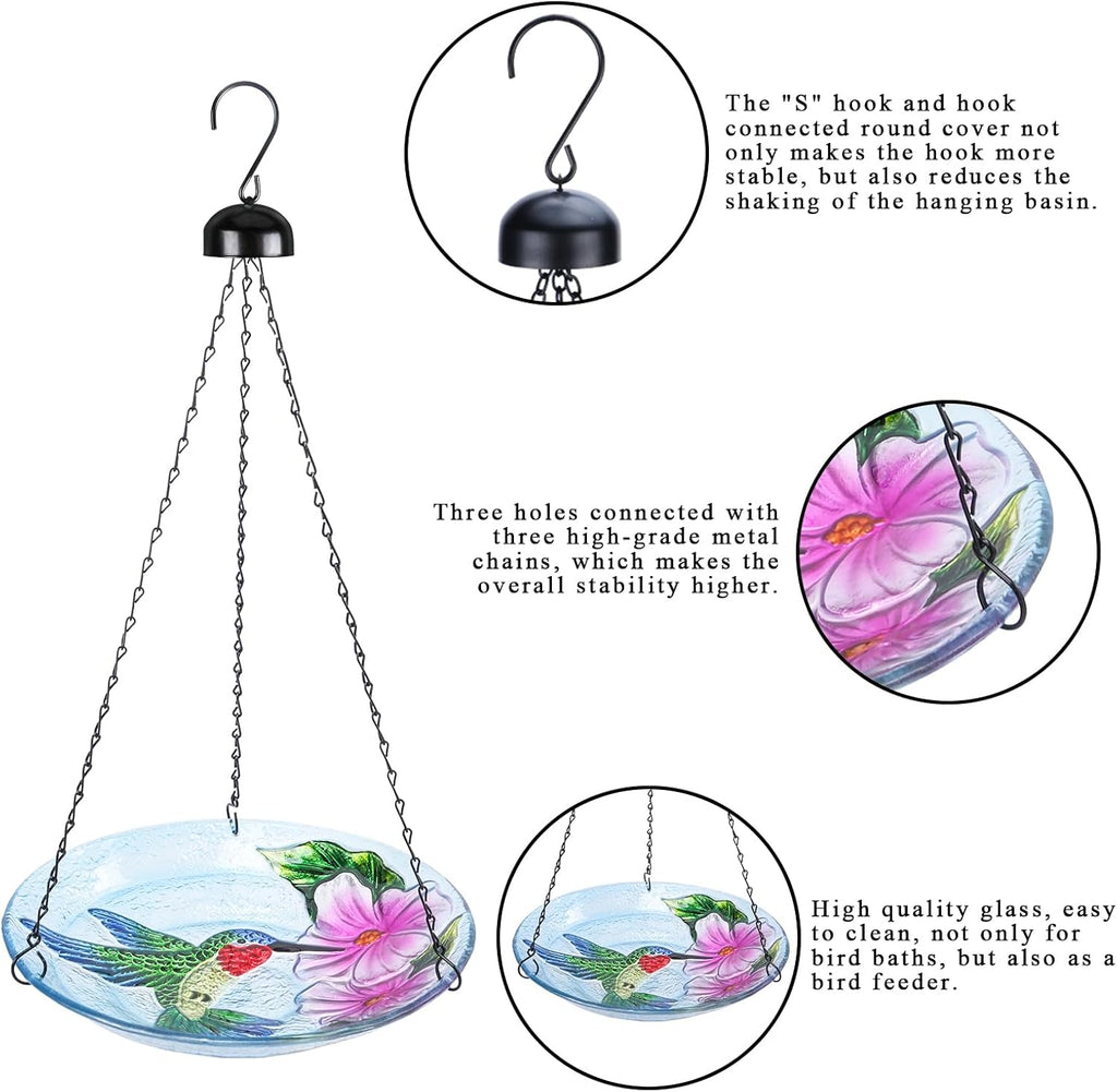 VCUTEKA Glass Hanging Bird Bath for Outdoors, BirdBaths with 21-Inch Rust-Proof Chain, Garden Yard Decor, Hummingbird Pattern