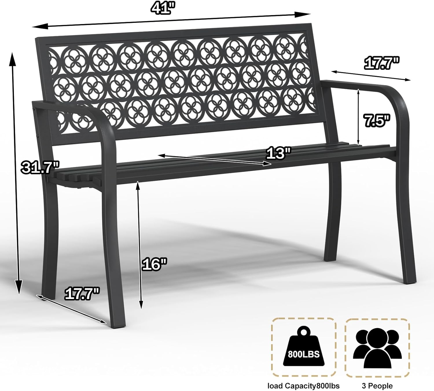 44" Heavy Duty Outdoor Bench, Wrought Iron Weatherproof Garden Bench Black Metal Patio Bench for Park Proch Yard 880lbs