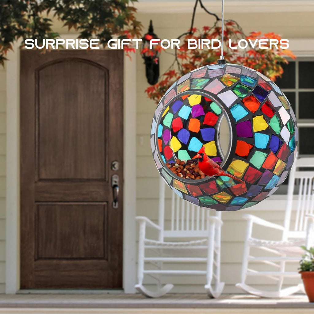 Yinns Mosaic Bird Feeder, Hanging Glass Birds Feeder, Fly Through Bird Feeder with Oval Stained Glass, Outdoor Garden Decor, 6.5 inch Purple