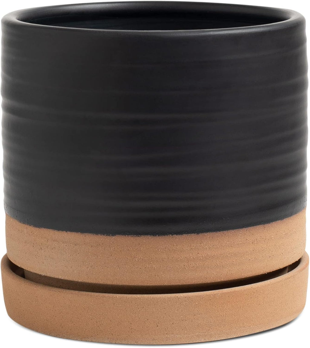6 Inch Plant Pots, Ceramic Planter Pot with Drainage Hole & Saucer, Indoor/Outdoor Cylinder Round Planter Pot, Matte Black & Brown