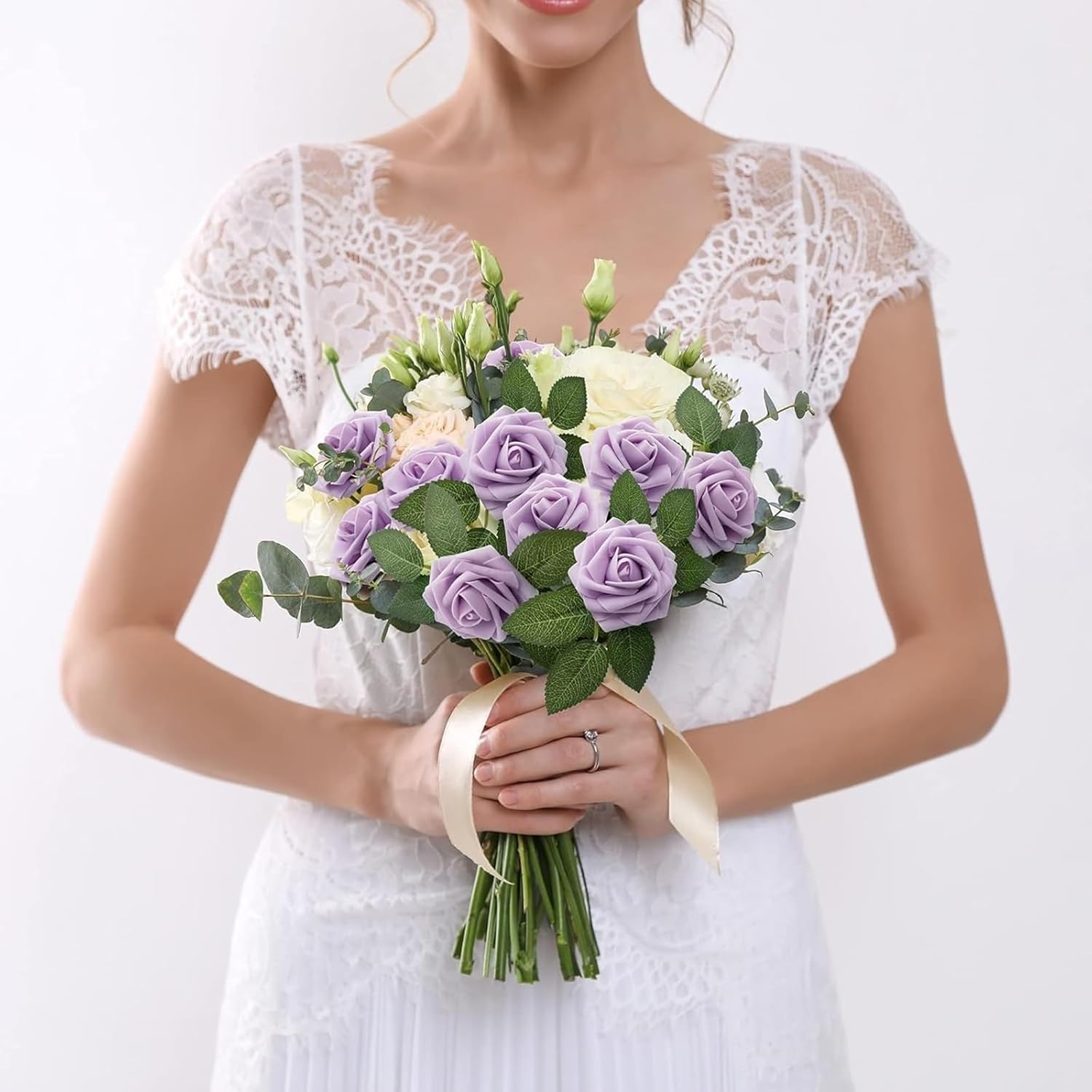 N&T NIETING Purple Artificial Flowers, 25pcs Artificial Flowers Bulk Fake Flowers Roses with Stem for DIY Wedding Bridal Bouquet Baby Shower Home Decoration, Lavender