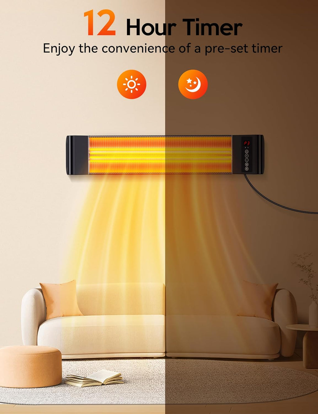 VAGKRI Outdoor Heaters, Electric Infrared Patio Heater with Remote and 12H Timer, IP65 Waterproof, 3 Heat Levels, Wall Mount or Tripod Stand for Home, Office, Patio, Garage