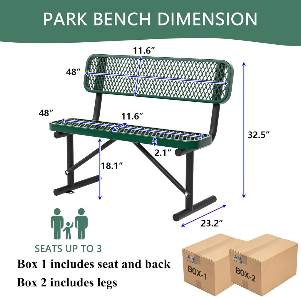 4 Feet Heavy Duty Metal Park Bench for Outside, Outdoor Bench with Backrest & Portable Frame, Commercial Benches for Shopping Malls, Stores, Parks, Patios, Decks, Green