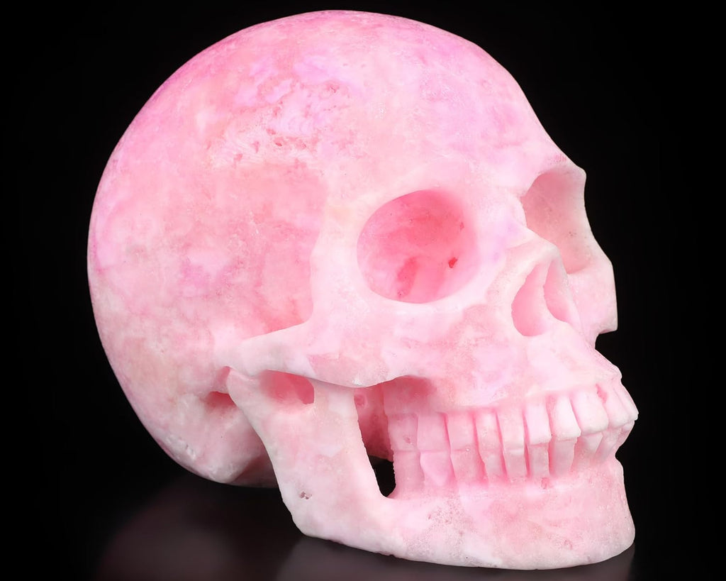 Skullis 5.1" Pink Aragonite Crystal Skull, Hand Carved Gemstone Fine Art Sculpture, Reiki Healing Stone Statue.1469