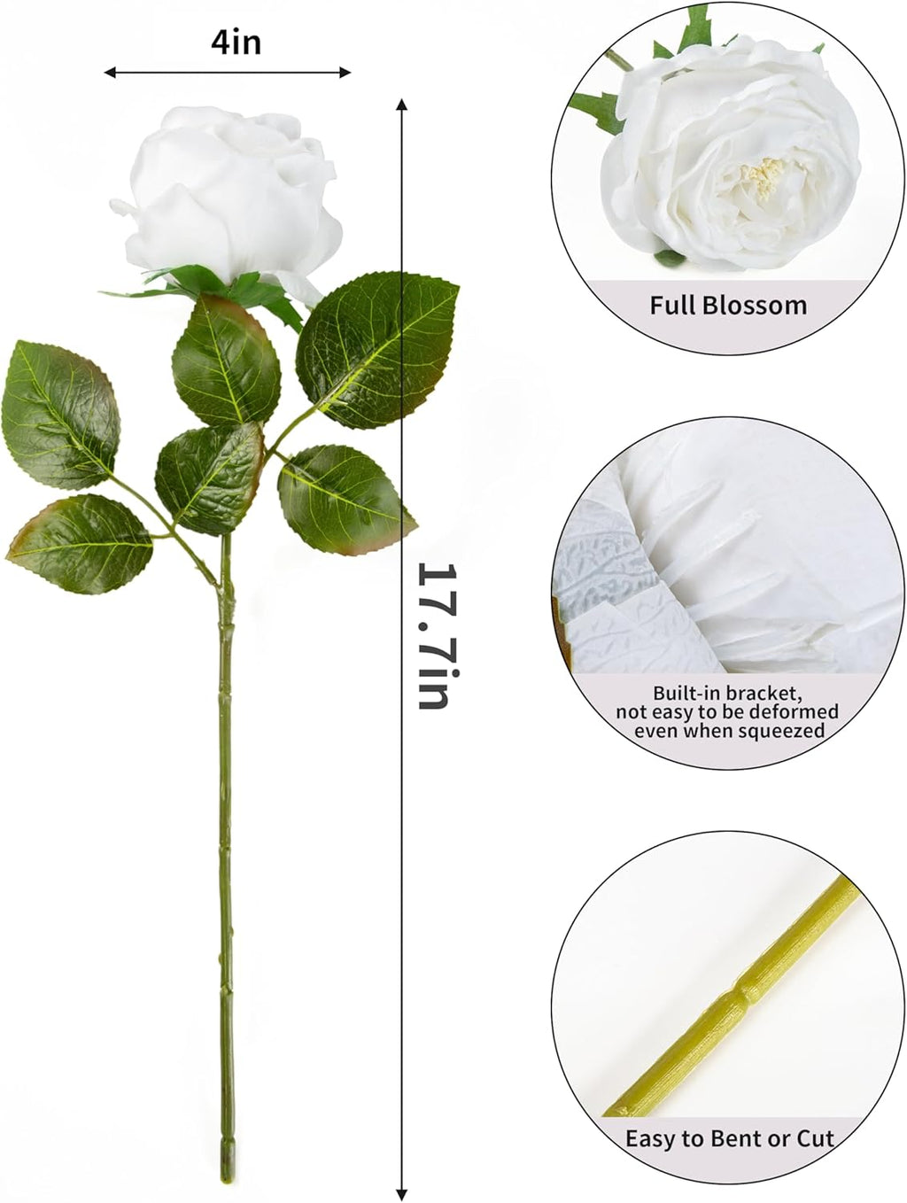 DuHouse 5Pcs Silk Roses Fake White Roses with Stems Real Touch Rose Artificial Flowers for Arrangement Wedding Party Home Decoration