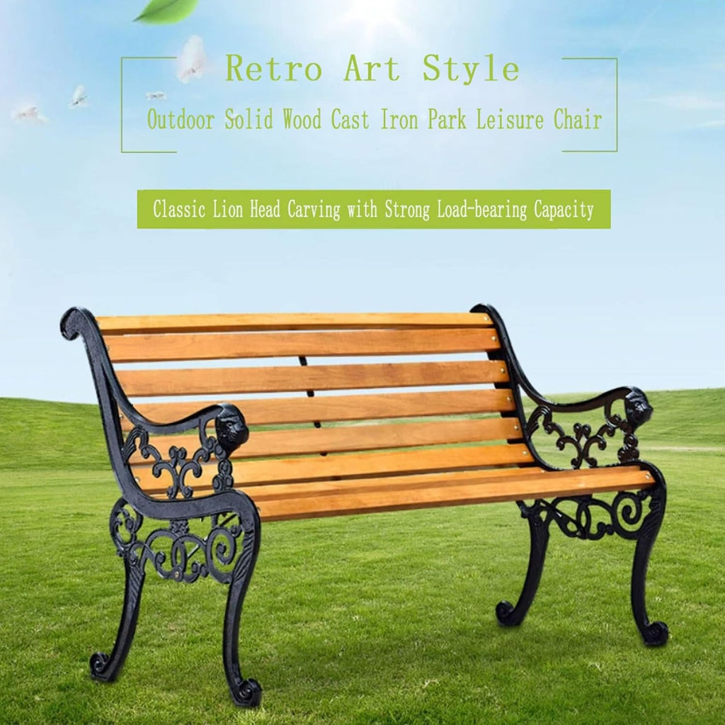 Outdoor Garden Bench with Waterproof Cover, Patio Park Lawn Solid Wood Bench with Cast Iron Frame, Patio Porch Furniture Bench with Backrest and Armrests for 2-3 People(Antique Bronze)