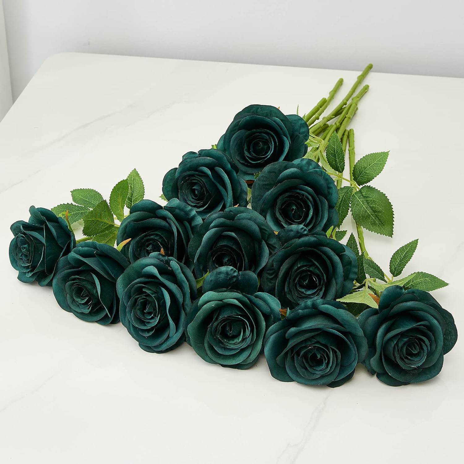 12PC Peacock Green Roses Artificial Flowers Fake Roses Silk Flowers Roses with Long Stems for Wedding Home Party Centerpieces Decorations