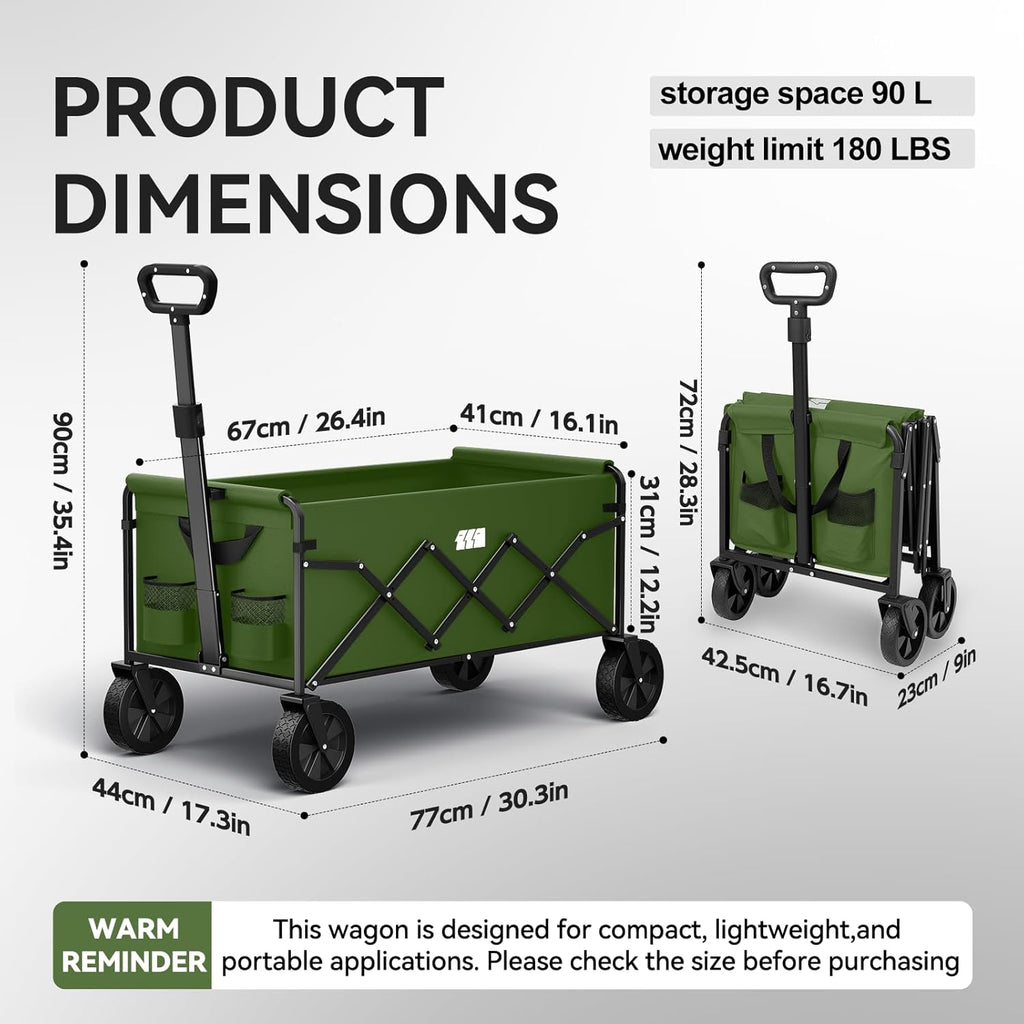 Collapsible Foldable Wagon, Foldig Cart with Wheel Heavy Duty with 180lbs Weight Capacity Lightweight Utility Camping Wagon for Groceries Garden Beach Sports Fishing (Army Green)