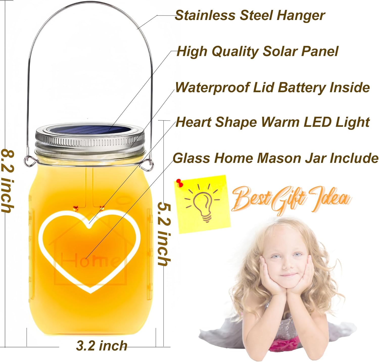 Hanging Solar Mason Jar Lights, 2 Pack Warm Heart Shape Led Lights, Solar Powered Lanterns Outdoor Waterproof, Hangers and Jars Included, Gift for Lover, Home Party Wedding Garden Patio Decor (2)