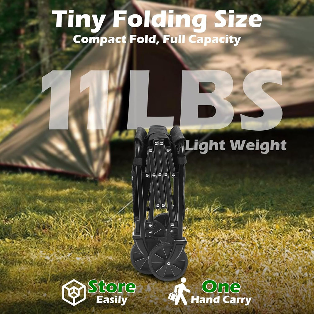 Collapsible Wagons Carts Foldable Wagon, Foldable Wagon Cart with Wheels, Folding Wagons for Beach Camp Sports Garden, 2 Cup Holders/Lightweight Portable/Black/360 LBS