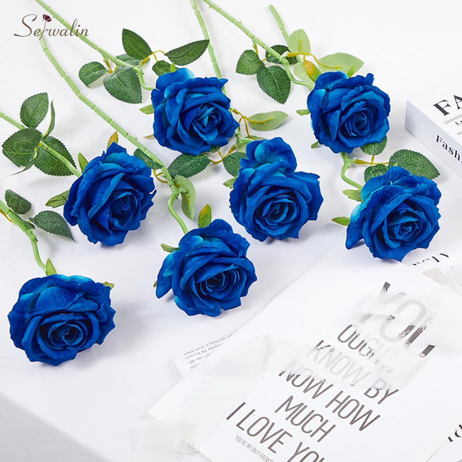 Serwalin 20pcs Artificial Roses, 4'' Big Flower Head, Blue Velvet Roses, Silk Fake Roses Long Stem Bouquet for and Wedding Arrangements Table Centerpiece