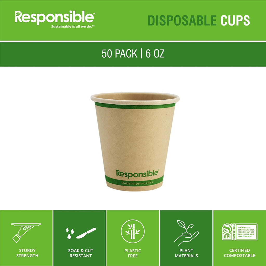 Certified Compostable 6 oz Paper Cups, Cold ＆ Hot Coffee Cups, Disposable Paper Cups, Extra Strength Disposable Cups, Made without PFAS (50 count)