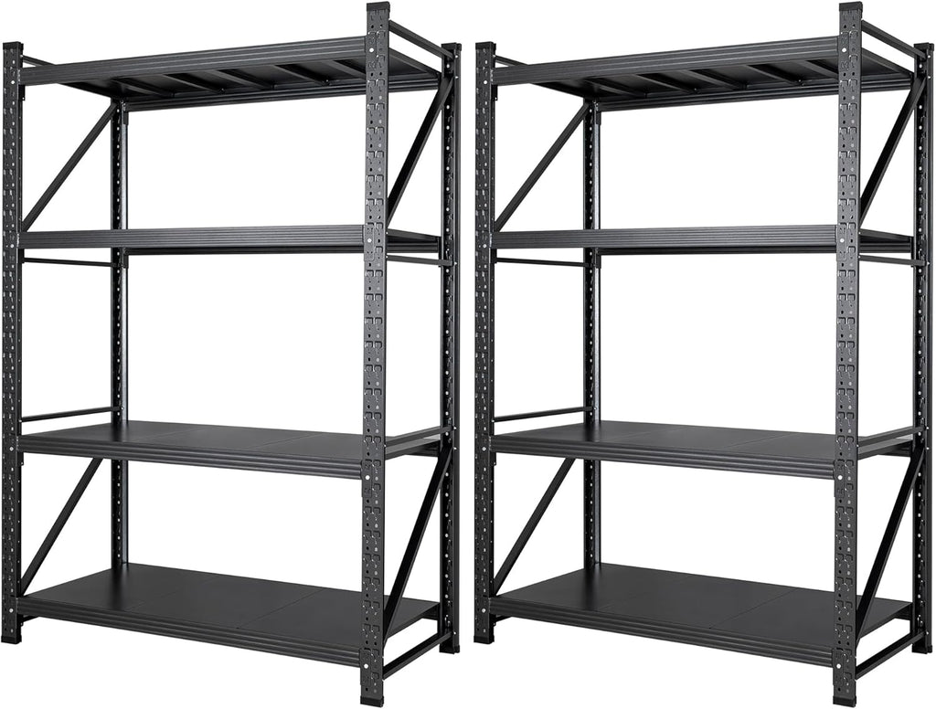 Set of 2 Storage Shelves, 4 Tier Heavy Duty Garage Shelving Units, 48” Wide Rack Shelf, 3000LBS Steel Industrial Shelving, 24” Deep Adjustable Standing Shelf for Warehouse 24" D x 48" W x 70" H Black