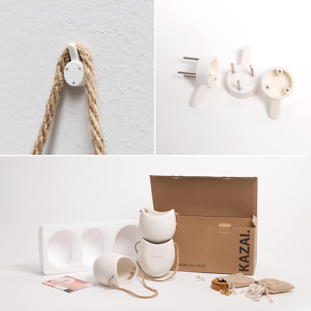 Kazai. Wall Planters -Ellie- | Hanging Ceramic Plant Pots 3 Pieces | Wall Decoration for Indoors, Balcony and Garden | Cream (Matte)