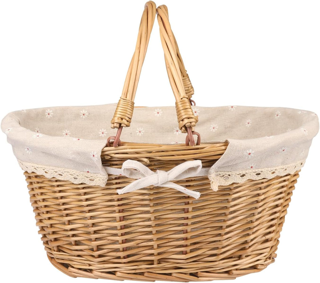 2 Pack Medium Size Oval Willow Basket with Handle, 12.6x9x4.7 Inch Wicker Picnic Basket with Liner, Empty Gift Basket, Wicker Basket for Fruit, Candy, Wine, Gathering, Wedding, Picnic, by GNIEMCKIN