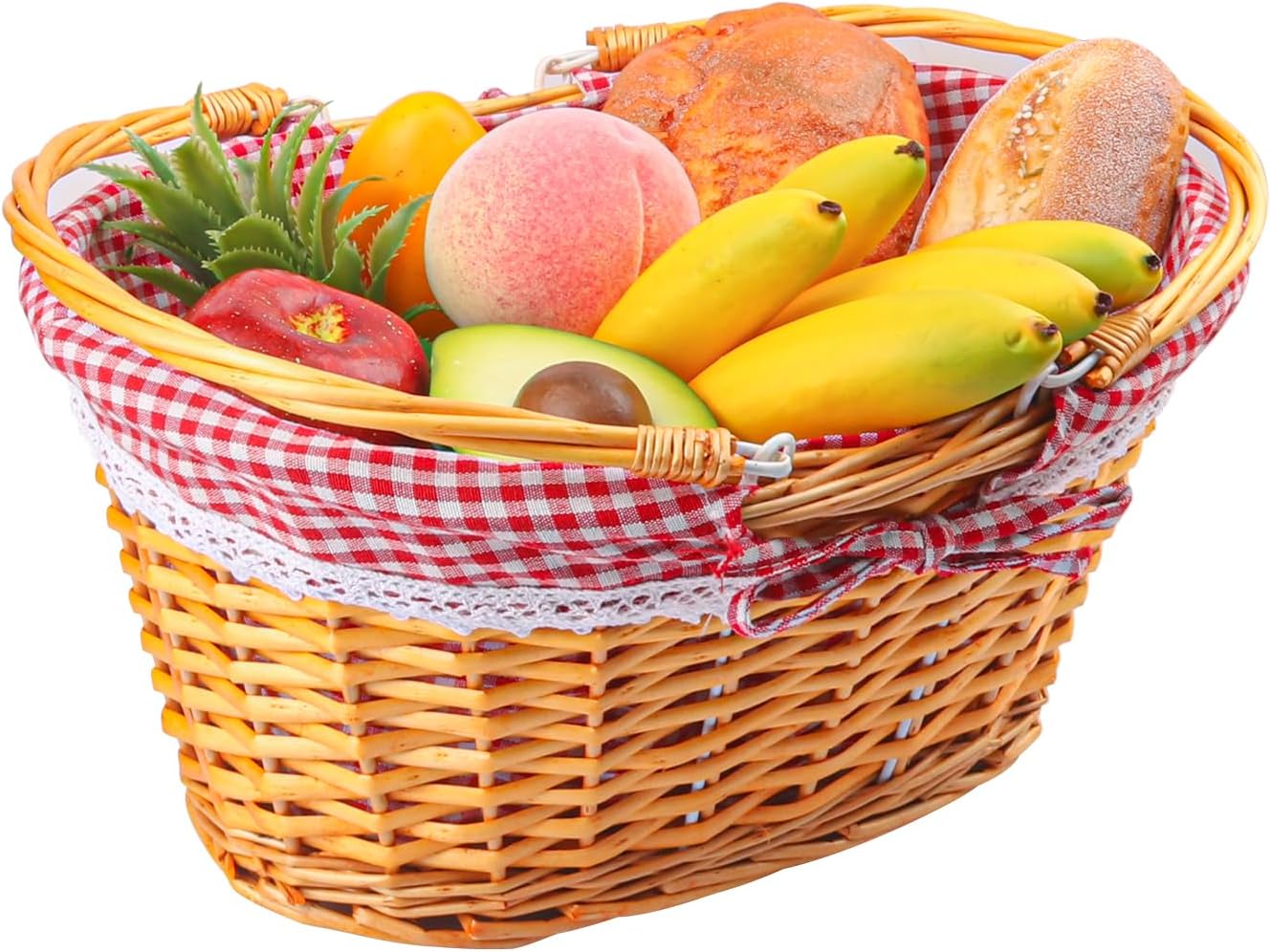 1 Pack 14.2 Inch Natural Wicker Basket with Checkered Lining, Oval Wicker Woven Basket with Handle, Willow Woven Picnic Baskets for Picnic, Camping, Party(Large)