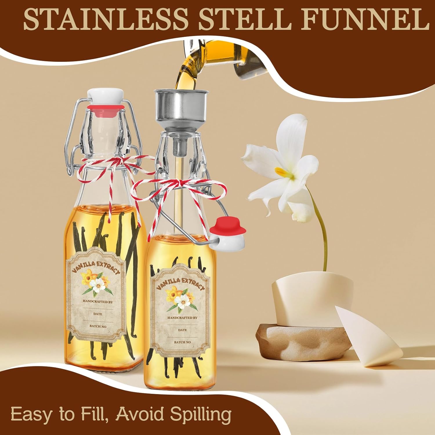 10 Pack Swing Top Glass Vanilla Extract Bottles 8 oz with Lids, Vanilla Extract Labels and Funnel, Glass Boston Vanilla Bottles for Syrup Gift, Flip Top Glass Bottles Jars for Vanilla Extract