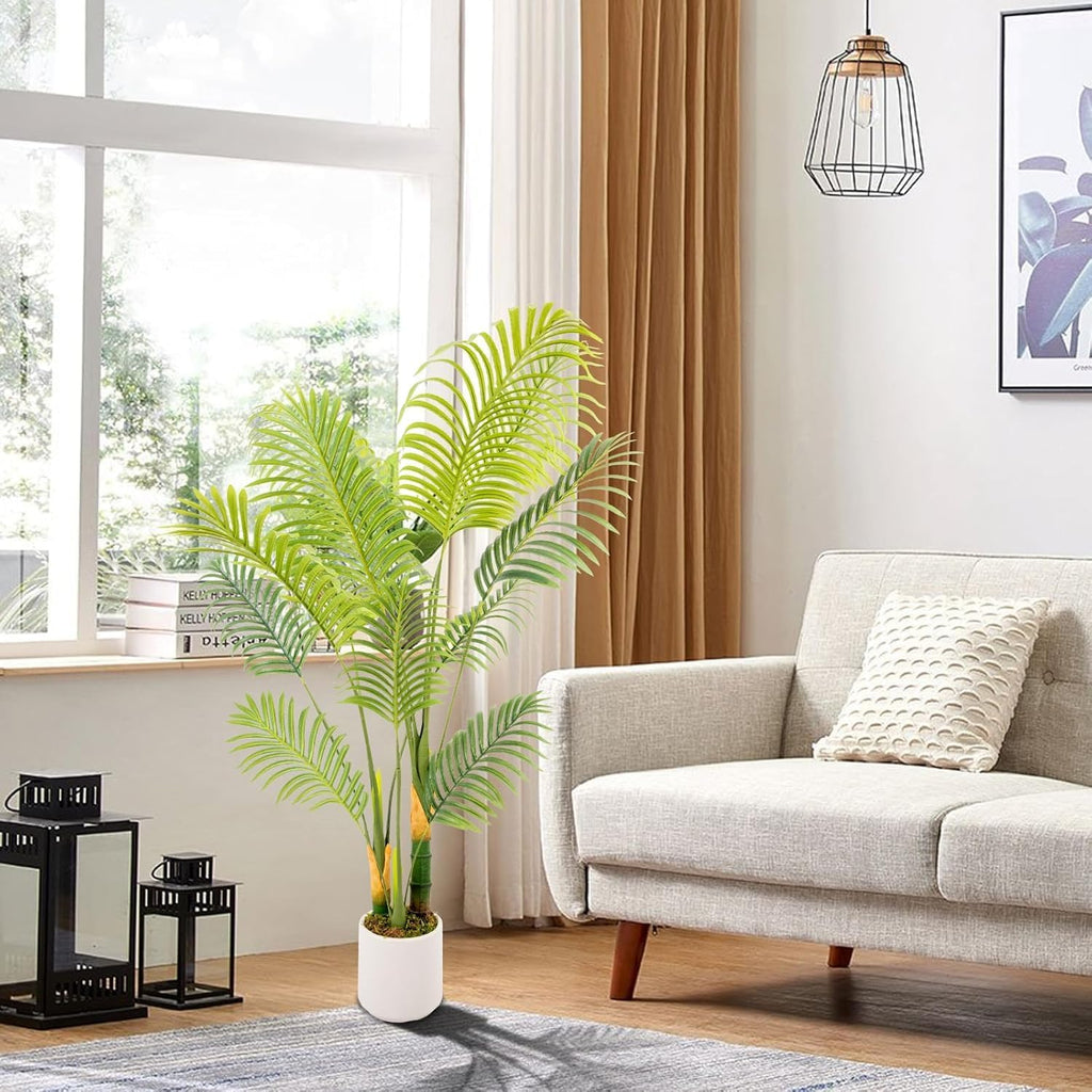 Artificial Fake Palm Tree 5FT 1Pack with White Planter & Free Moss, UV Resistant Artificial Palm Tree for Outdoors, Fake Plants for Poolside Home Room Decor, Faux Plants Outdoor Decor