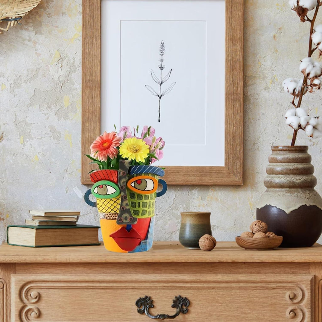 TOZLU Picasso Brutalist Abstract Beauty Flower Pot Ornaments Head Planter Pots Container Face Planters Pots Head Colorful Face Art Resin Flower Pot (Modern Big)