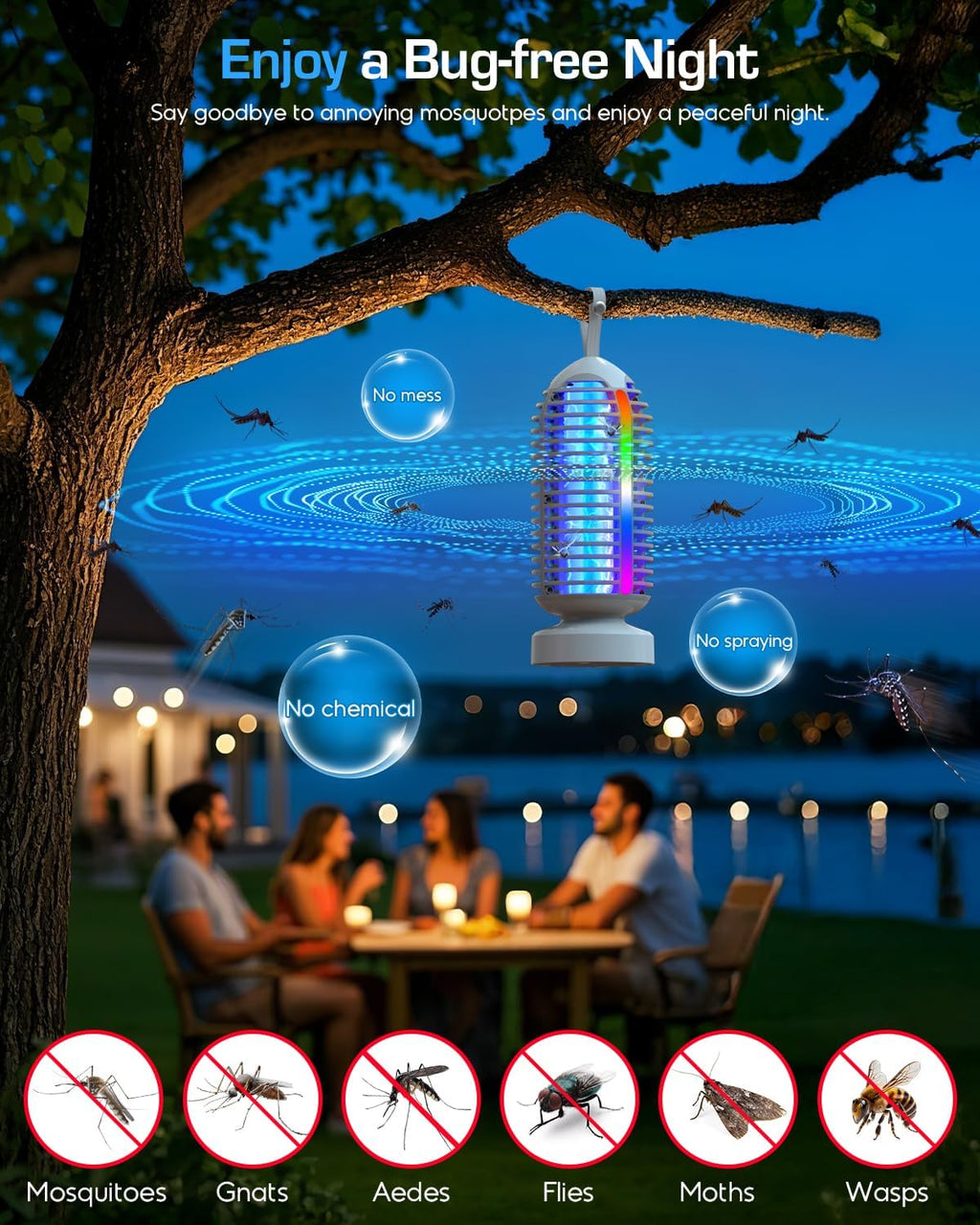 (2 Pack) Bug Zapper Outdoor with Marquee Light, Cordless Mosquito Zapper, 4000mAh Rechargeable Bug Zapper Indoor, Auto On/Off Waterproof Mosquito Trap Fly Zapper for Patio Backyard Kitchen Camping