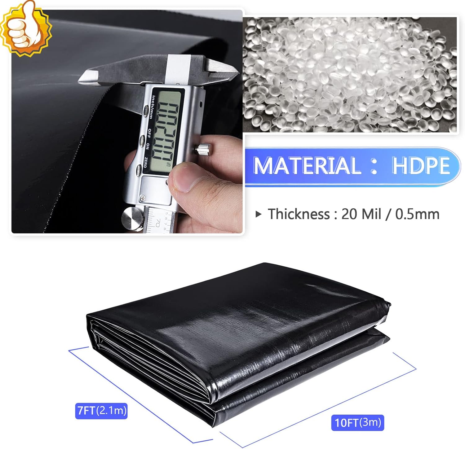 ToLanbbt Pond Liner 7 x 10 Ft, 20 Mil HDPE UV Resistant Preformed Pond Liner Easy Cutting, Underlayment for Fountain, Waterfall, Koi Pondsand Water Garden (Black)