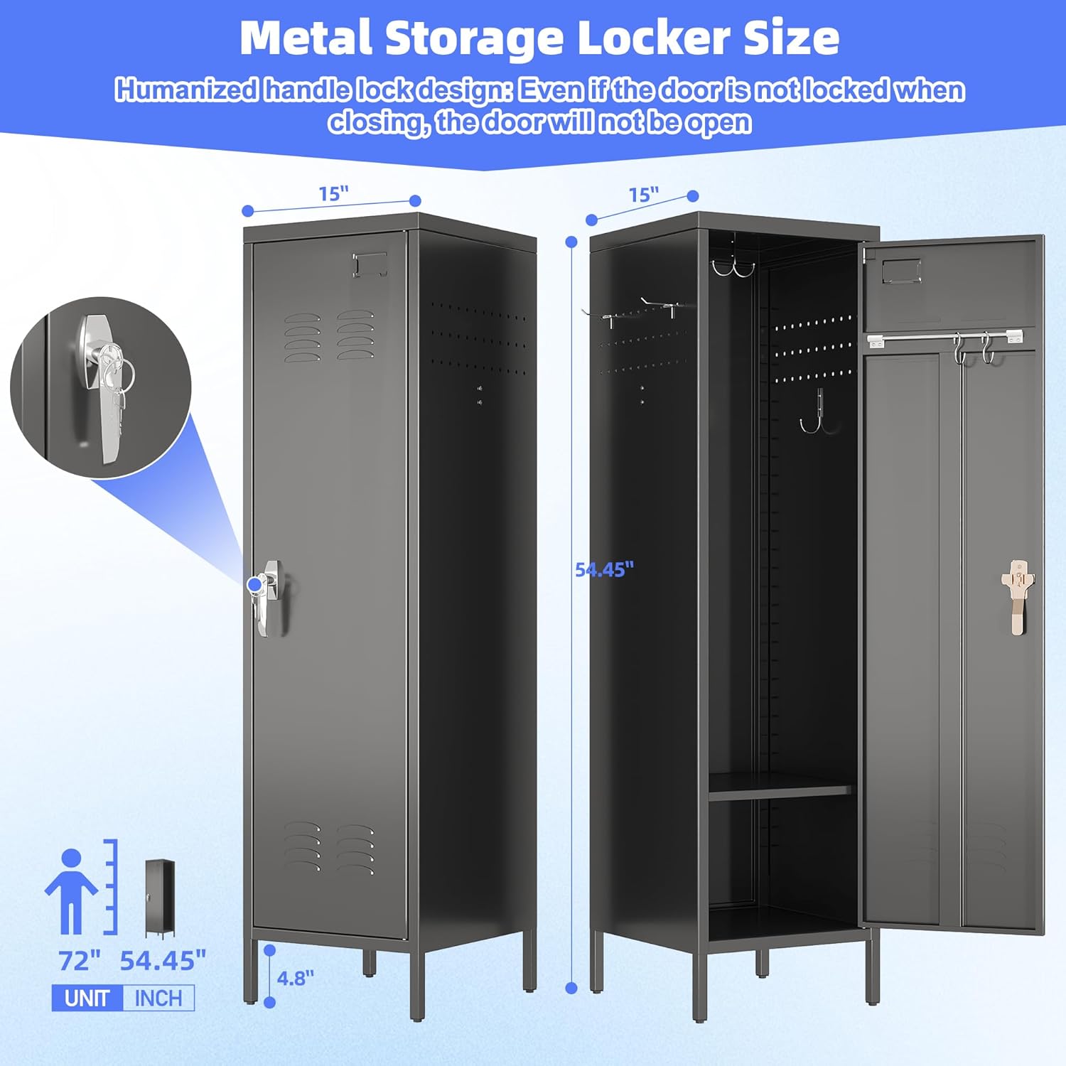 METAN Metal Storage Lockers with 1 Door and 1 Adjustable Shelf,55''H*15''W*15''D Steel Lockers with Hooks for School,Home,Office,Gym,Assembly Required,Black