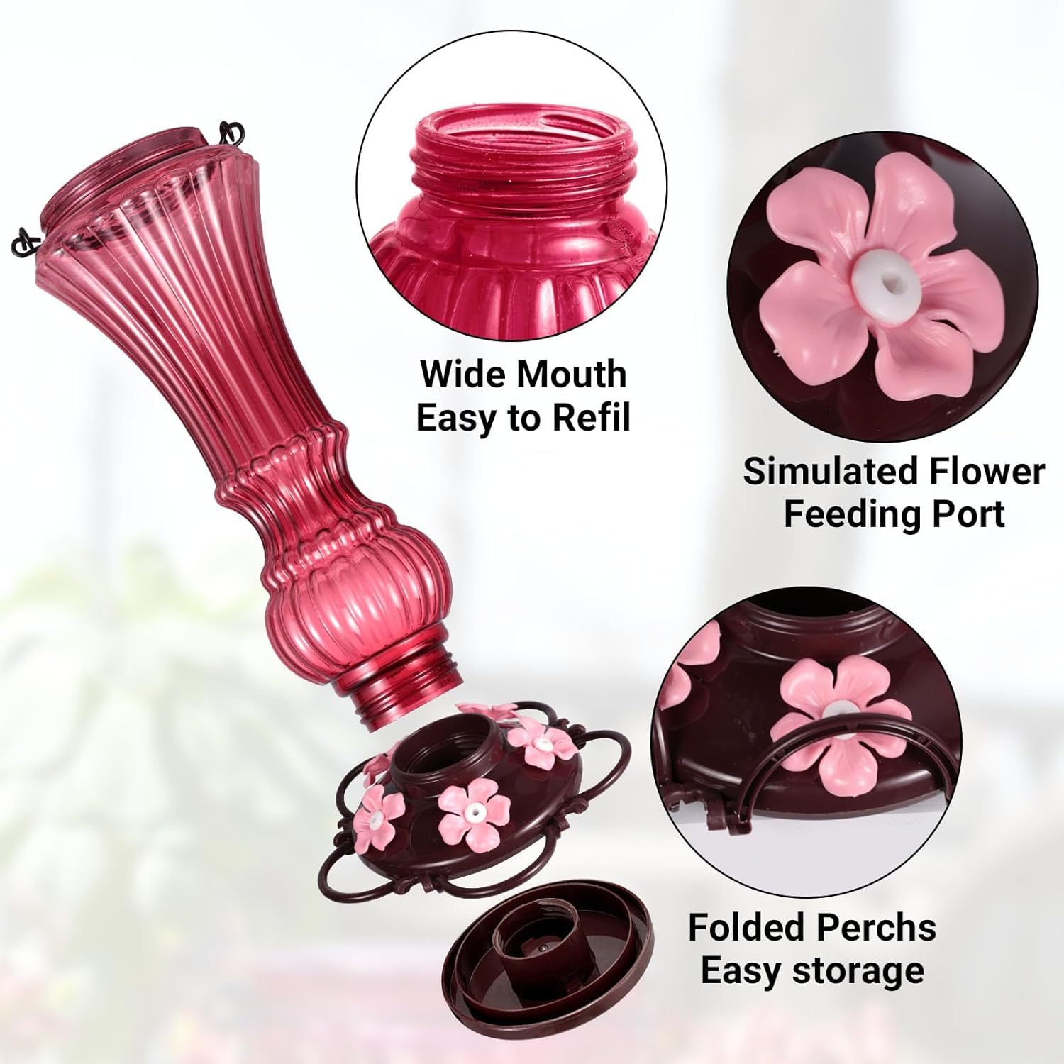 Hummingbird Feeder for Outdoors Plastic Humming Bird Nectar Feeders with 5 Flower Feeding Ports Hanging for Garden Decor, 20 oz (2 Pack