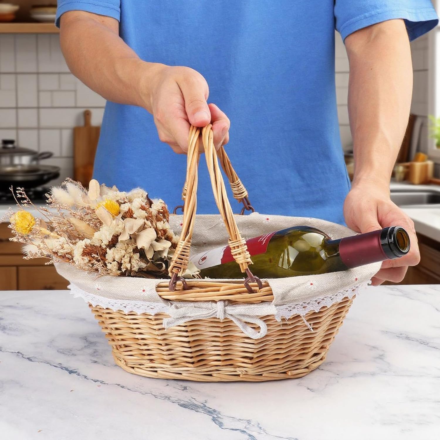 2 Pack 12.6 Inch Natural Wicker Basket with Linen Cotton Cloth Lining, Oval Wicker Woven Basket with Handle, Willow Woven Picnic Baskets for Picnic, Camping, Party(Small)