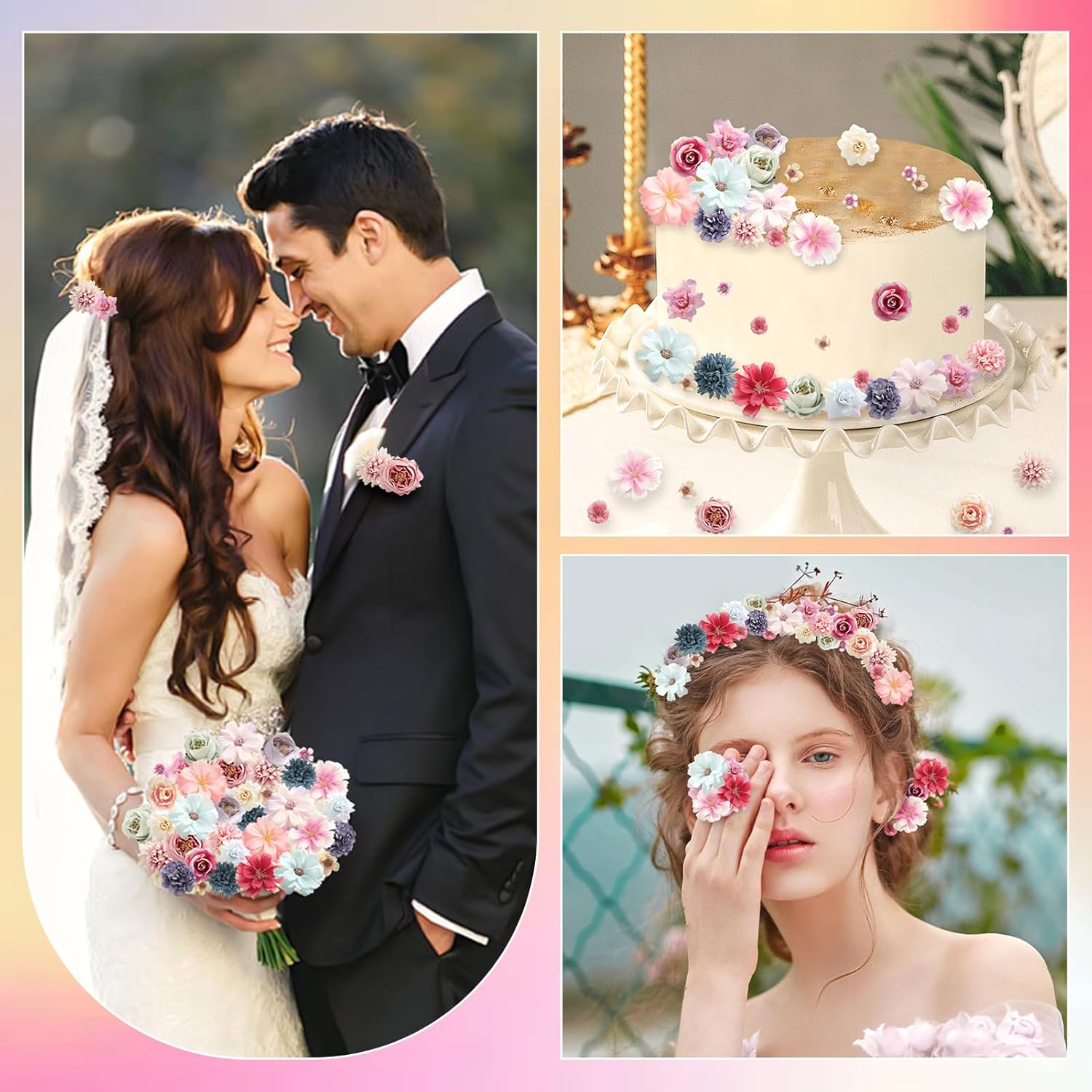 Faux Flower Heads Mini Charming Color Artificial Flower Heads Fake Peony Daisy Rose Flowers Multicolor Small Silk Daisy Flower Heads for Craft Garland Wedding Party DIY Home Decoration