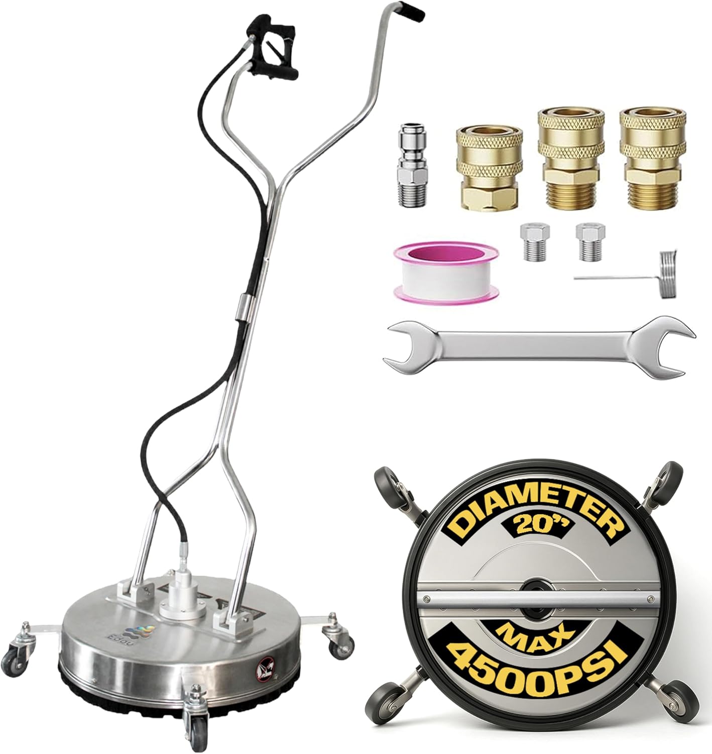 EDOU Direct 20 Inch Pressure Washer Surface Cleaner - Dual Handle Concrete Cleaner, Wheels - Driveway Pressure Washer Attachment, 4,500 PSI Max - Includes Quick Connector Kit - Silver