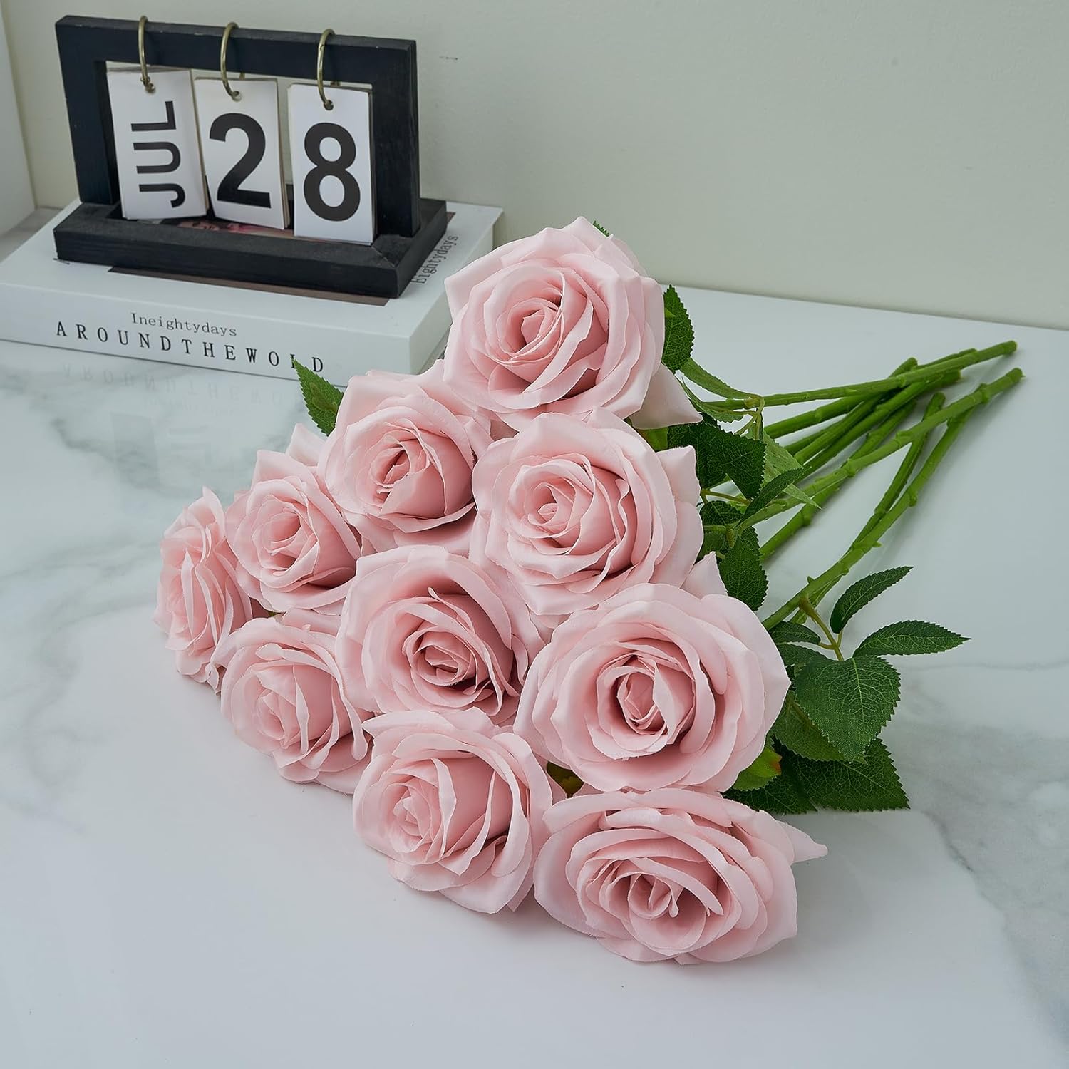 Artificial Rose 10pcs Open Flower Bouquet Faux Rose Stems for Wedding Arrangement, Bridal Bouquet, Centerpiece, Fake Faux Silk Flowers (Dusty Pink)