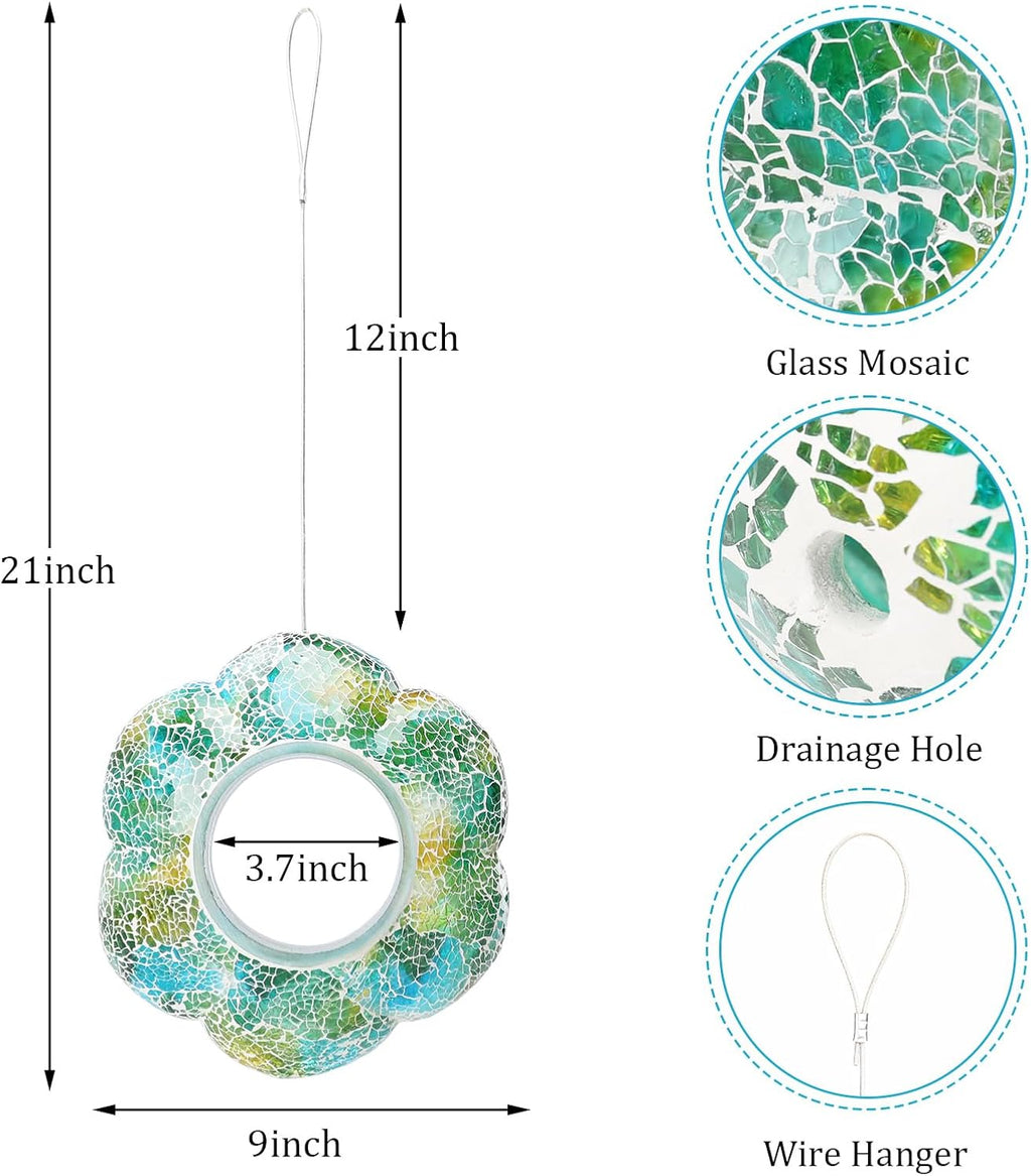 Yinns 9 Inch Large Mosaic Bird Feeders for Outside Hanging Fly Through Bird Feeder with Flower Shape Glass Birdfeeder for Garden Decor