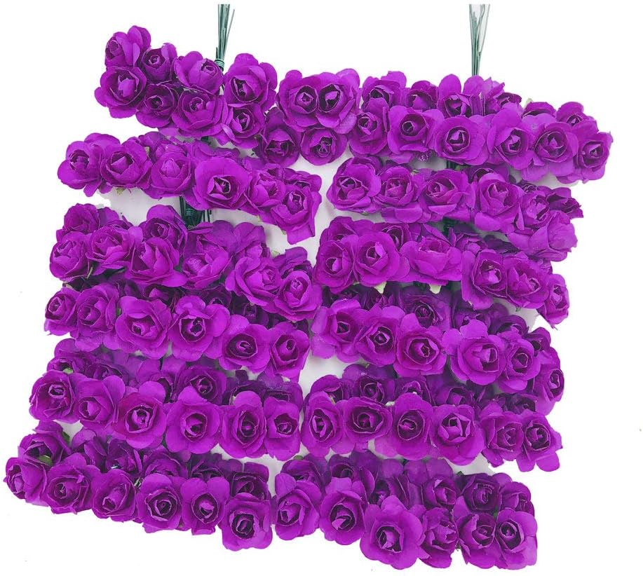 Mini Fake Rose Flower Heads 144pcs Mini Artificial Mulberry Paper Roses Flower with Wire Stem DIY Wedding Flowers Accessories Make Bridal Hair Clips Headbands Dress (Light Purple)