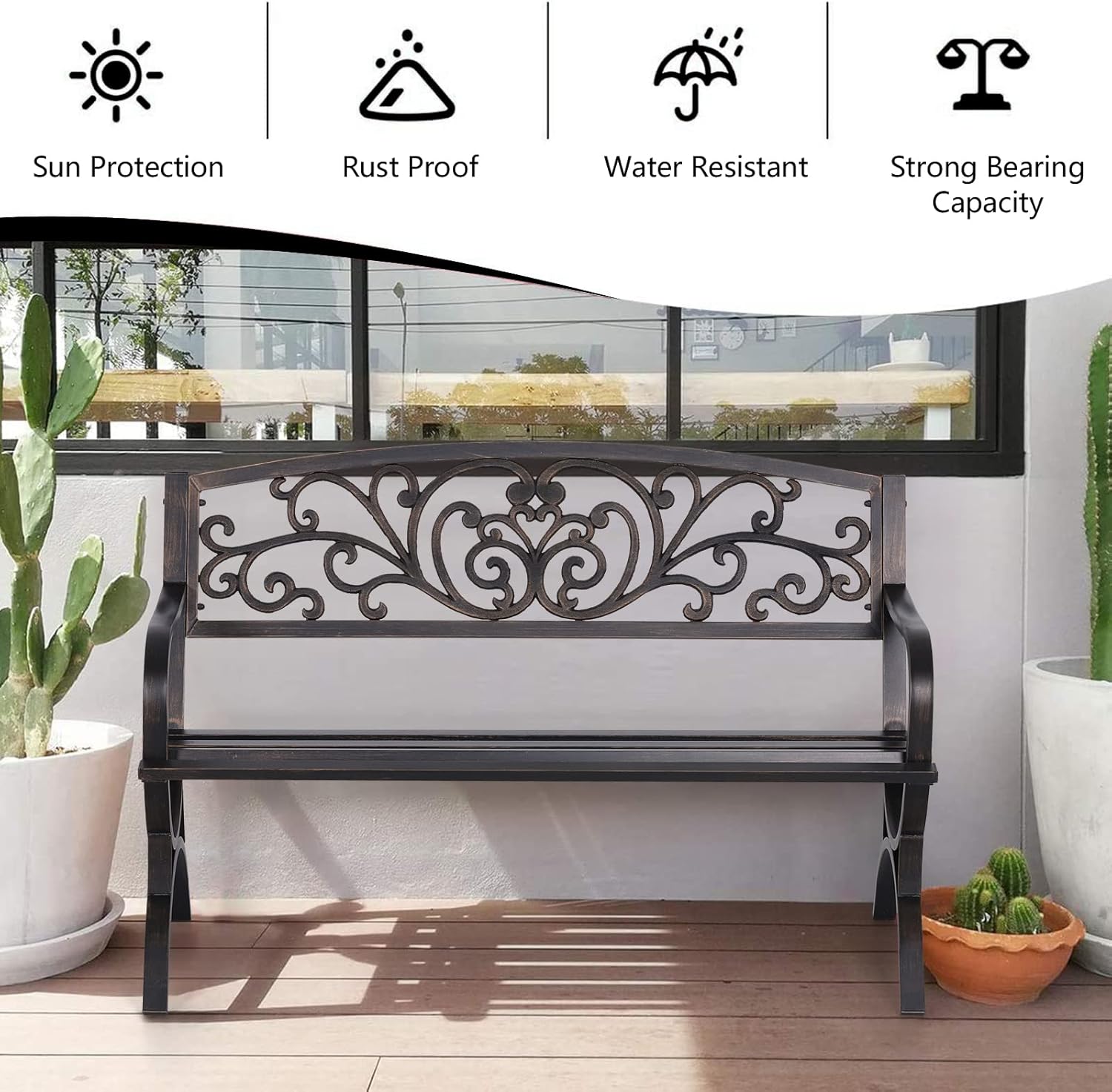 Sophia & William Metal Outdoor Bench, 50" Outdoor Garden Bench Patio Park Bench, Cast Iron Park Benches for Outside with Floral Design Backrest, Bronze