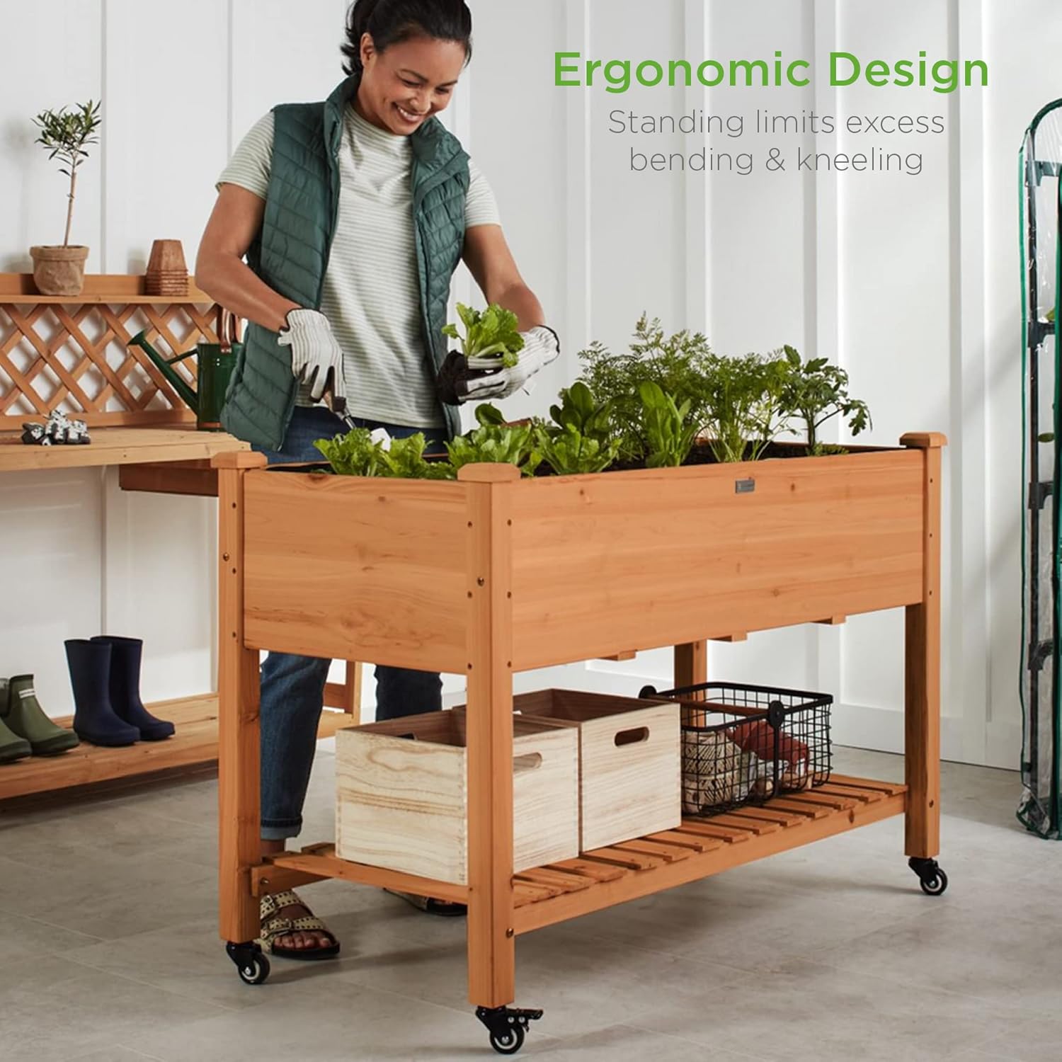 Best Choice Products Raised Garden Bed 48x24x32-inch Mobile Elevated Wood Planter w/Lockable Wheels, Storage Shelf, Protective Liner - Acorn Brown