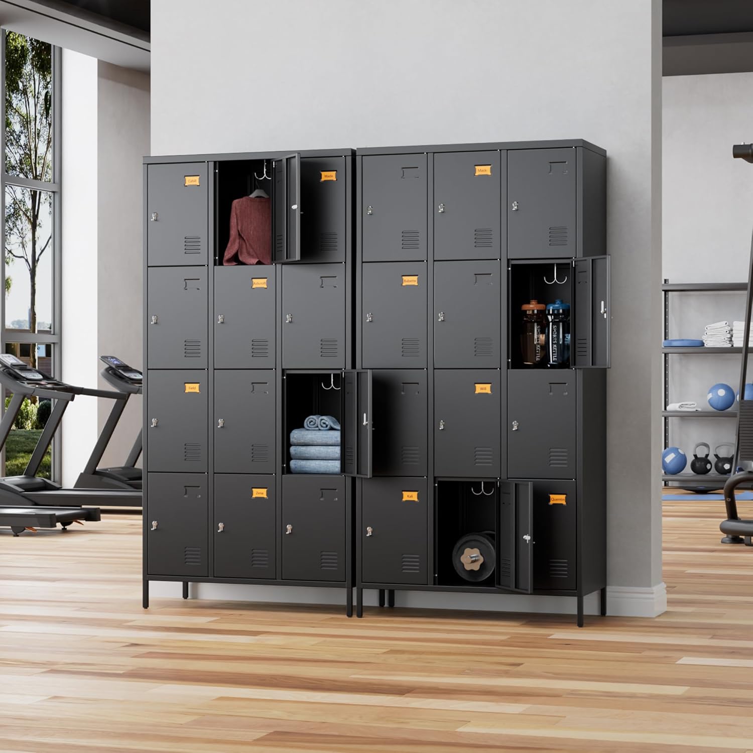 12 Doors Metal Lockers for Employees with 12 Hooks, Storage Locker with Business Card Holder for Office Gym School Bedroom, Assembly Required, Black