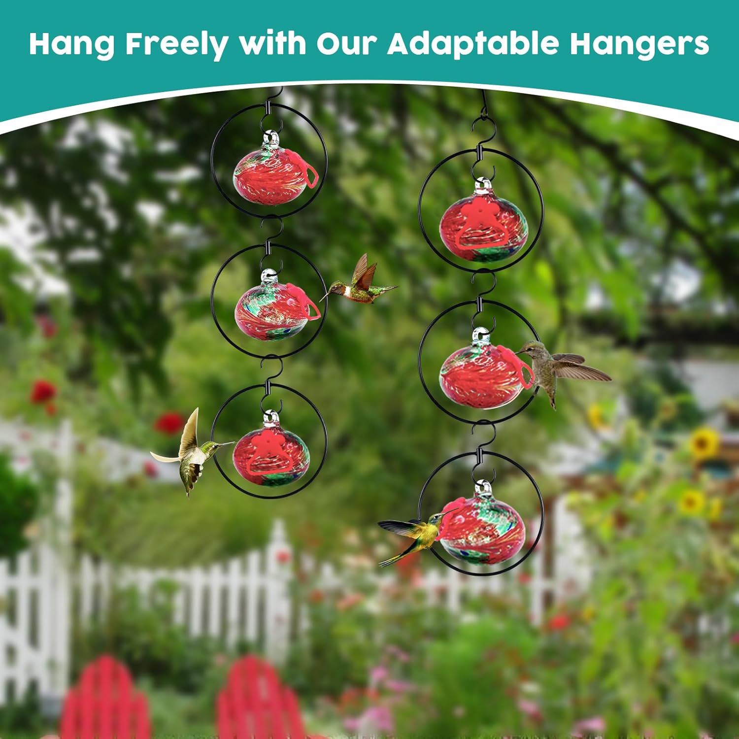 Flexible 6 Pack Hummingbird feeders for Outdoors Hanging Ant and Bee Proof,Detachable Hand Blown Glass Hummingbird Feeder with 6 Adjustable Silicone Perch(Red)
