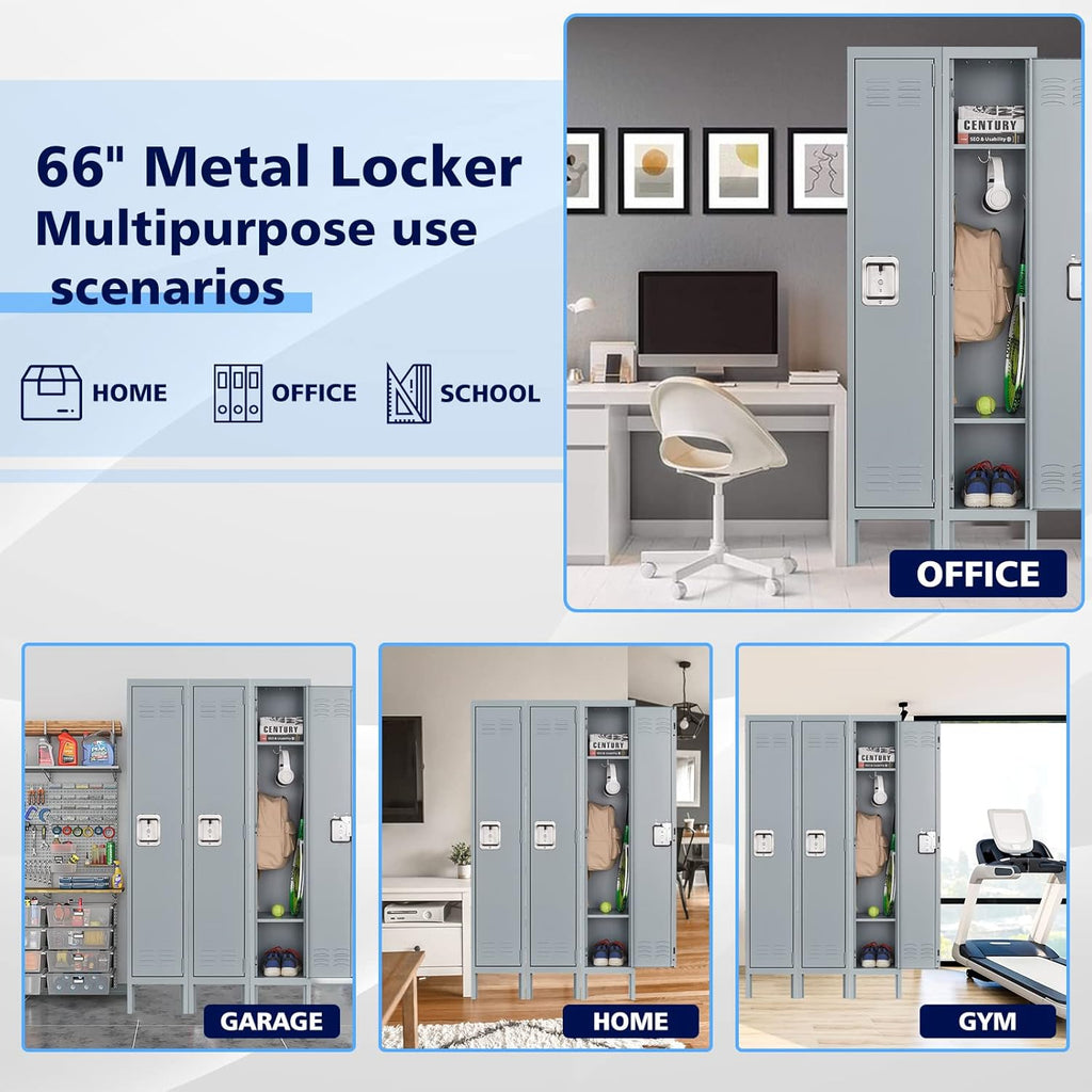 Letaya Storage Lockers with Lock Door,Metal Storage Cabinet 3 Tier with Hook for Employees, School,Gym, Home,Office(1 Door-Gray)