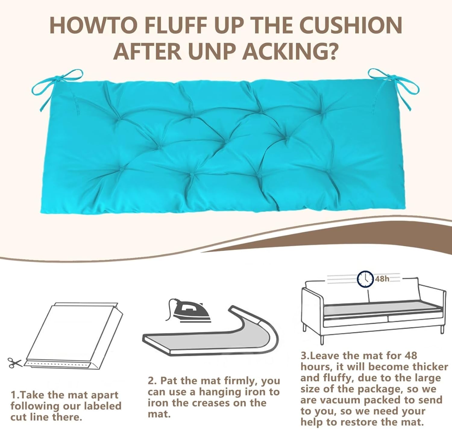 Waterproof Indoor/Outdoor Garden Bench Seat Cushions,Thicken Patio Bench Soft Rocking Chairs Pad Lounger Seat for Wicker Loveseat Settee（59 X 19.6 in，Turquoise