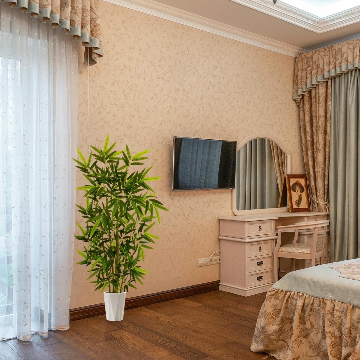 Artificial Bamboo Tree, 5ft Tall Fake Bamboo Plant with White Planter, Faux Trees with 5 Trunks and Lifelike Leaves for Indoor Outdoor Home Office Décor